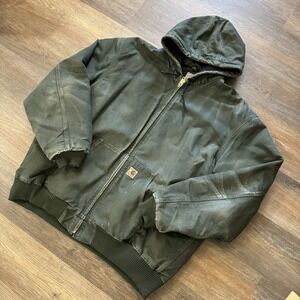 Y2K Carhartt Moss Green Duck Canvas Hooded Work Jacket Coat Size 3XLT J130 MOS‎